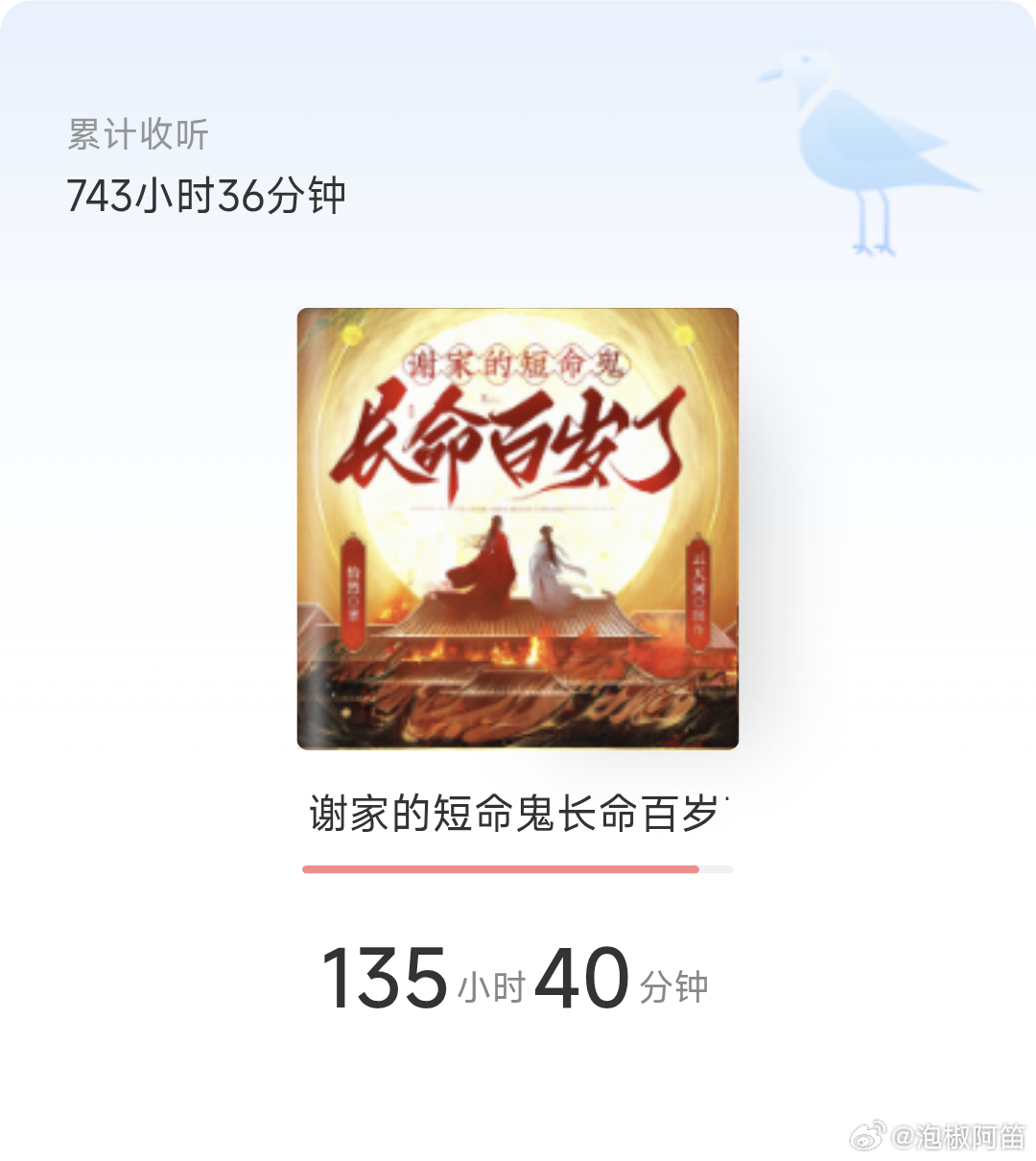 谢家短命鬼终于挂播完了[泪奔]足足两个月，这是窝听得最久的一部[泪奔][泪奔]
说实话刚开始的叙事节奏并不是我的菜，前期查心魔实在太拖沓了，喝口茶吃完饭絮絮叨叨拉点家常几十话水完
去找吴家父子那段才感觉还是有点意思，配角群像的故事都很吸引人！
这本磕的几对配角cp吴书年周也，陆时唐之未，庚 ​