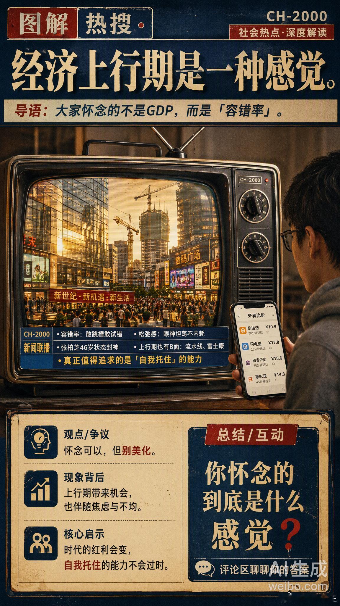 #经济上行期是一种感觉# 最近这个词又刷屏了。

大家怀念的其实不是GDP增速，而是一种「容错率」——那时候敢跳槽、敢创业、敢试错，失败了也有机会翻盘。现在连点个外卖都要比价三家，容错空间被压缩到极致。

张柏芝46岁演唱会上的状态被网友称为「经济上行的美」，本质说的是一种松弛底气：眼神坦荡 ​