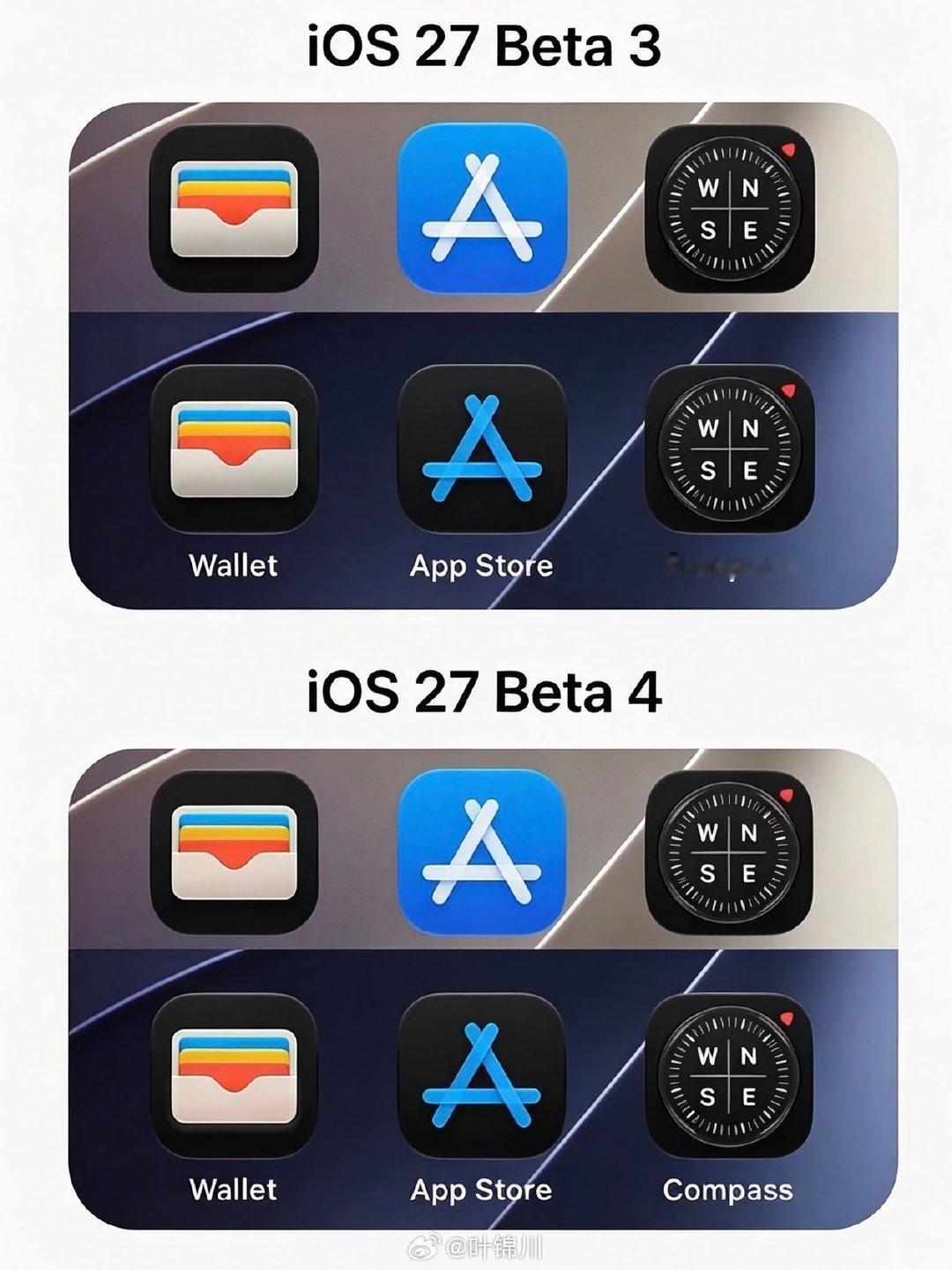 iOS27Beta3和27Beta4对比，主要看Wallet、App Store、Compass三个图标整体风格变化不算大 ​