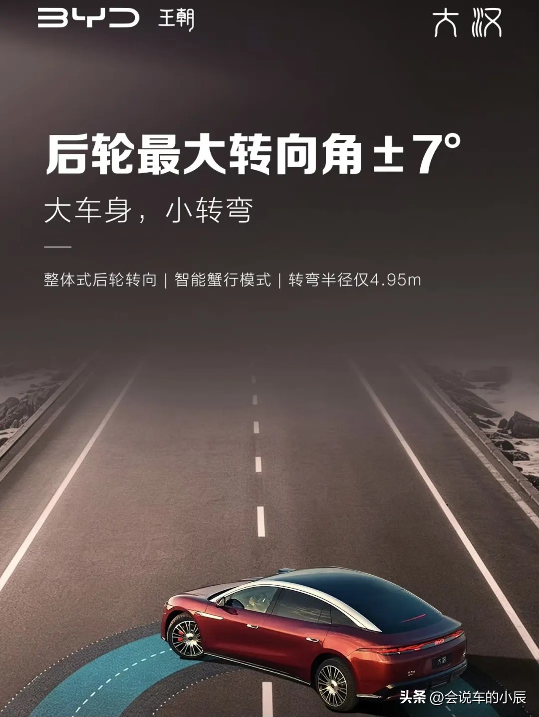 比亚迪“大汉”定档13日：D+级车身，小车般灵活，25万级硬刚56E

10月11日，比亚迪王朝网总经理放料：大汉全系标配后轮主动转向，最大转向角±7°，还带智能蟹行模式。车长超5米2，转弯半径却仅4.95米，双车道掉头一把过，D+级车身也能像小车一样灵活。

13日，这台D+级纯电旗舰轿车将正式上