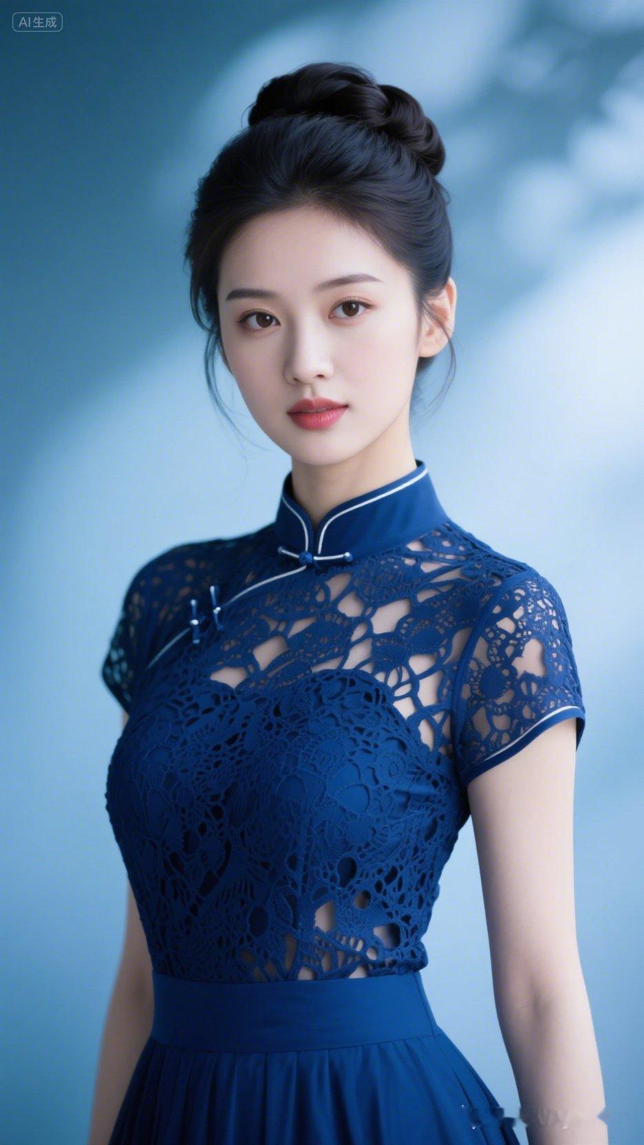 这位小姐姐穿着蓝色蕾丝旗袍，真漂亮！