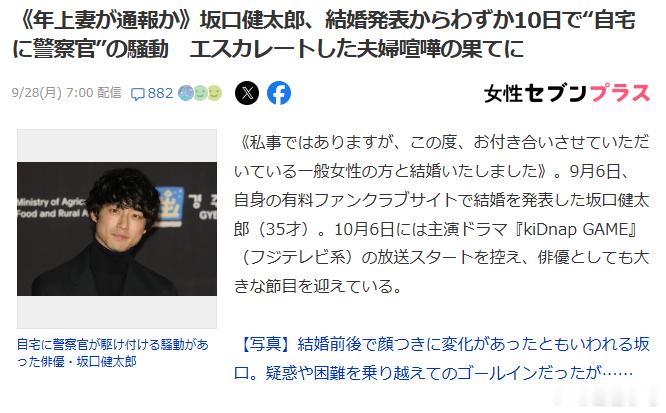 【#坂口健太郎# 新婚仅10天爆家庭纠纷：妻子深夜报警，警方上门处理夫妻口角】

据日本媒体《女性SEVEN》9月28日报道，演员坂口健太郎（35岁）在宣布结婚仅约10天后，其自宅便发生了一起惊动警方的家庭纠纷。

据警方相关人士透露，9月17日深夜，警方接到坂口健太郎家中的110报警电话。警察迅速赶到现 ​