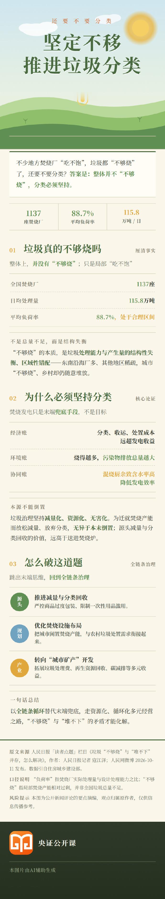 【#为什么必须坚定不移推进垃圾分类#】住房城乡建设部数据显示，全国有1137座生活垃圾焚烧厂，日均处理生活垃圾115.8万吨，平均负荷率88.7%。业内专家表示，负荷处于合理区间，“不够烧”并非垃圾总量不足，而是垃圾处理能力与产生量的结构性失衡、区域性错配。因此，源头减量、垃圾分类，是必须做好的 ​