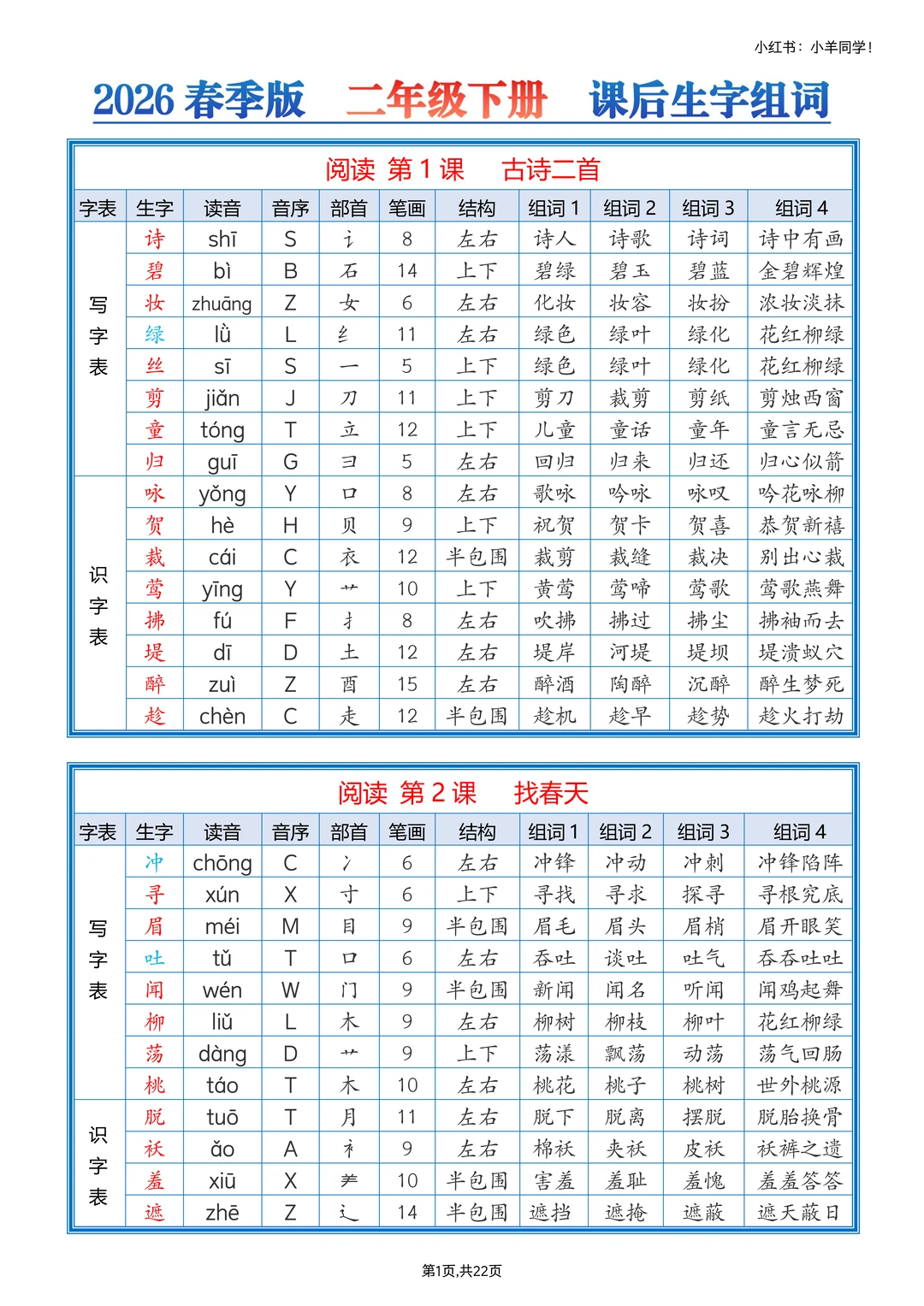 二下语文丨课后生字组词课课贴【2026春版】