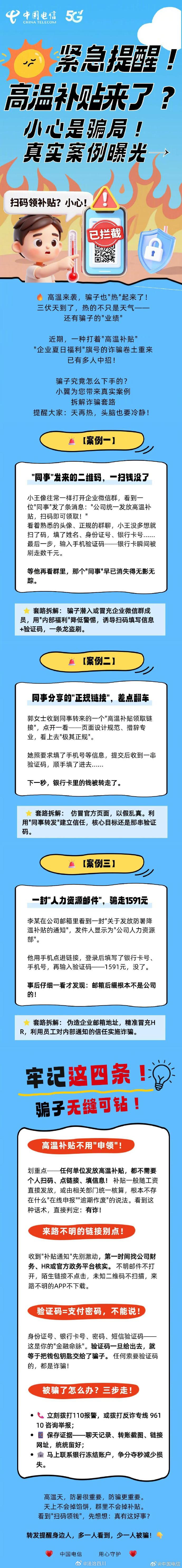 紧急提醒！高温补贴来了？小心是骗局！via：中国电信 #遭遇诈骗果断报警# #蜀黍说安全# #安全知识学起来# ​
