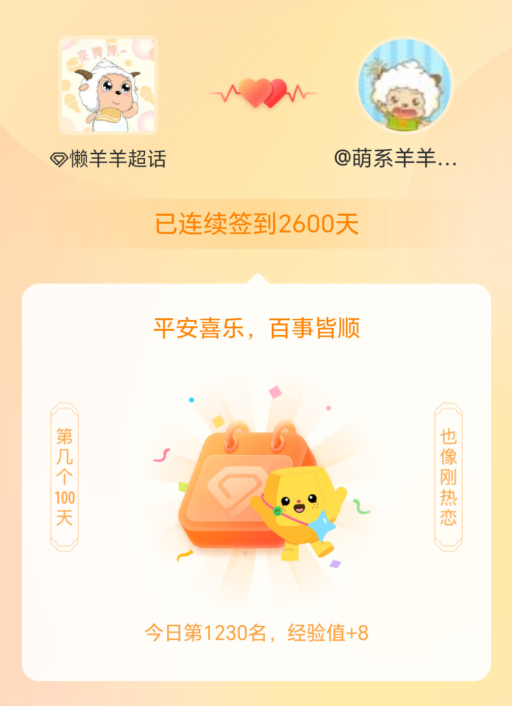 于懒羊羊[超话]连续签到2600天啦，百看不厌，久处亦欢～ ​​​