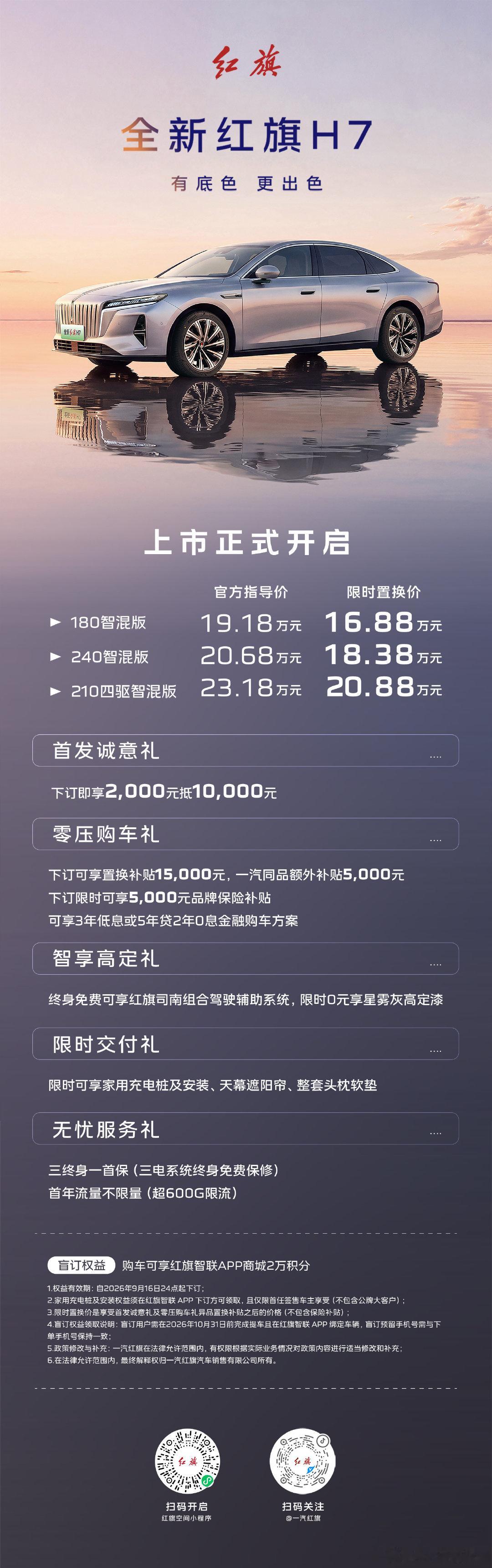 全新红旗H7上市，限时置换价：16.88万-20.88万。

5米级中大型轿车，上了1.5T插混，两驱版纯电240km，综合续航小2000km，整体风格也变年轻不少，家用可以。 ​​​