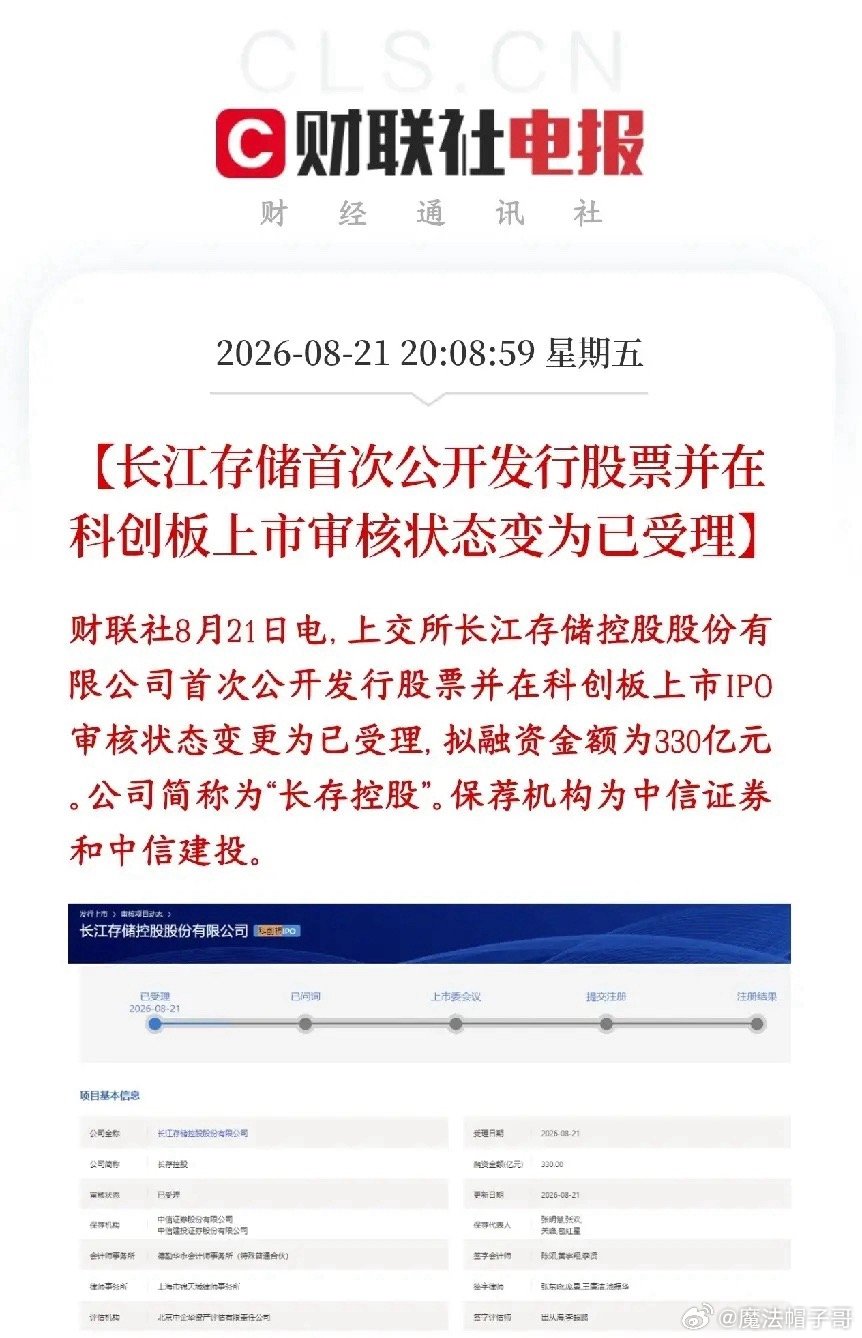 又一个存储巨头要登陆A股！长江存储IPO正式被受理

重磅产业消息，国内3D NAND闪存龙头长江存储（长存控股）科创板IPO申请正式获得上交所受理，继长鑫科技上市之后，国产存储两大巨头即将齐聚科创板，国产存储产业迎来里程碑时刻。

从招股申报稿披露信息来看，本次拟发行股份19.8‑24.3亿股，发行完成 ​