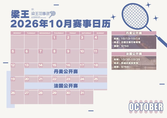 梁王2026年10月赛事日历