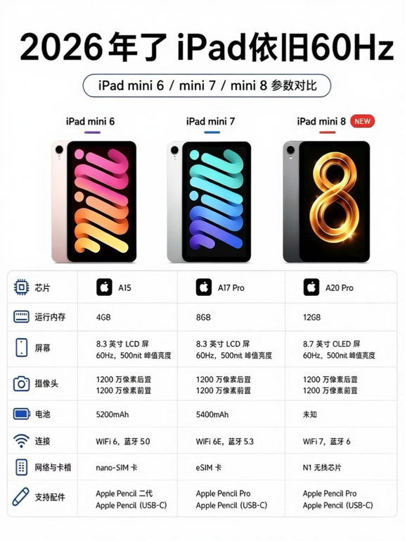 iPad mini6→mini8参数大对比，升级点在哪里？