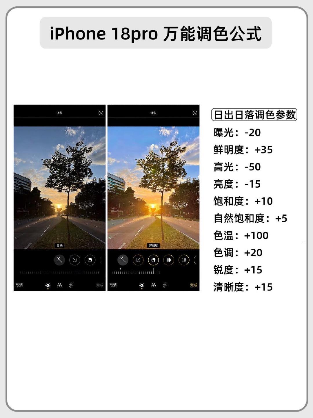 #苹果手机摄影[超话]# iPhone18Pro拍照参数合集，赶紧收藏！
刚换上 iPhone 18 Pro，别只会打开相机按快门📱
我把日常最常用的调色参数整理好了，直接用手机相册调整就可以✨ ​