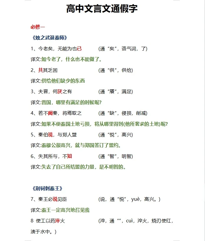 高中文言文翻译通假字