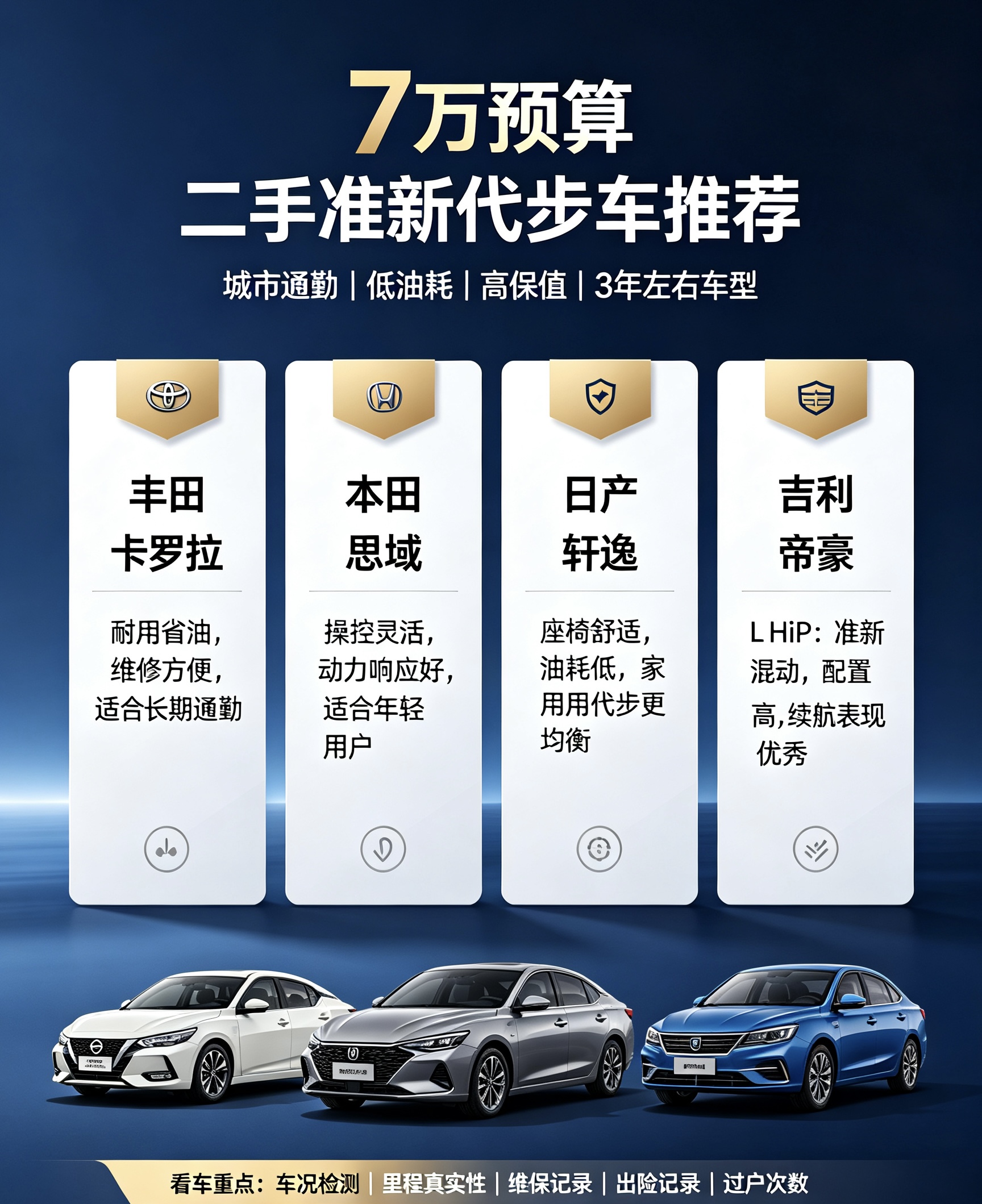 7万想淘一台省心准新代步车，优先看这几款。卡罗拉/雷凌双擎，油耗低、故障率小，市区通勤很合适。轩逸空间舒服，座椅软，家用代步友好。国产可以选帝豪L HiP，配置高，车龄短。选购重点：优先3年内、里程5万内的车，避开事故车、泡水车。试驾留意底盘、变速箱有无异响，混动车型重点检查电池状态。代步核心就是稳