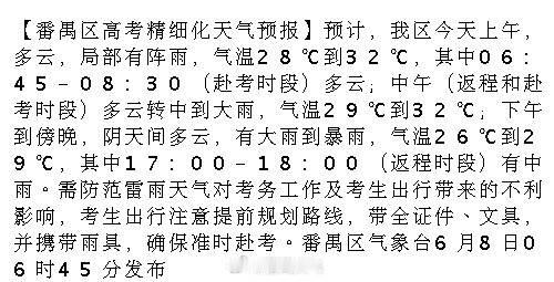 【番禺区高考精细化天气预报】预计，我区今天上午，多云，局部有阵雨，气温...