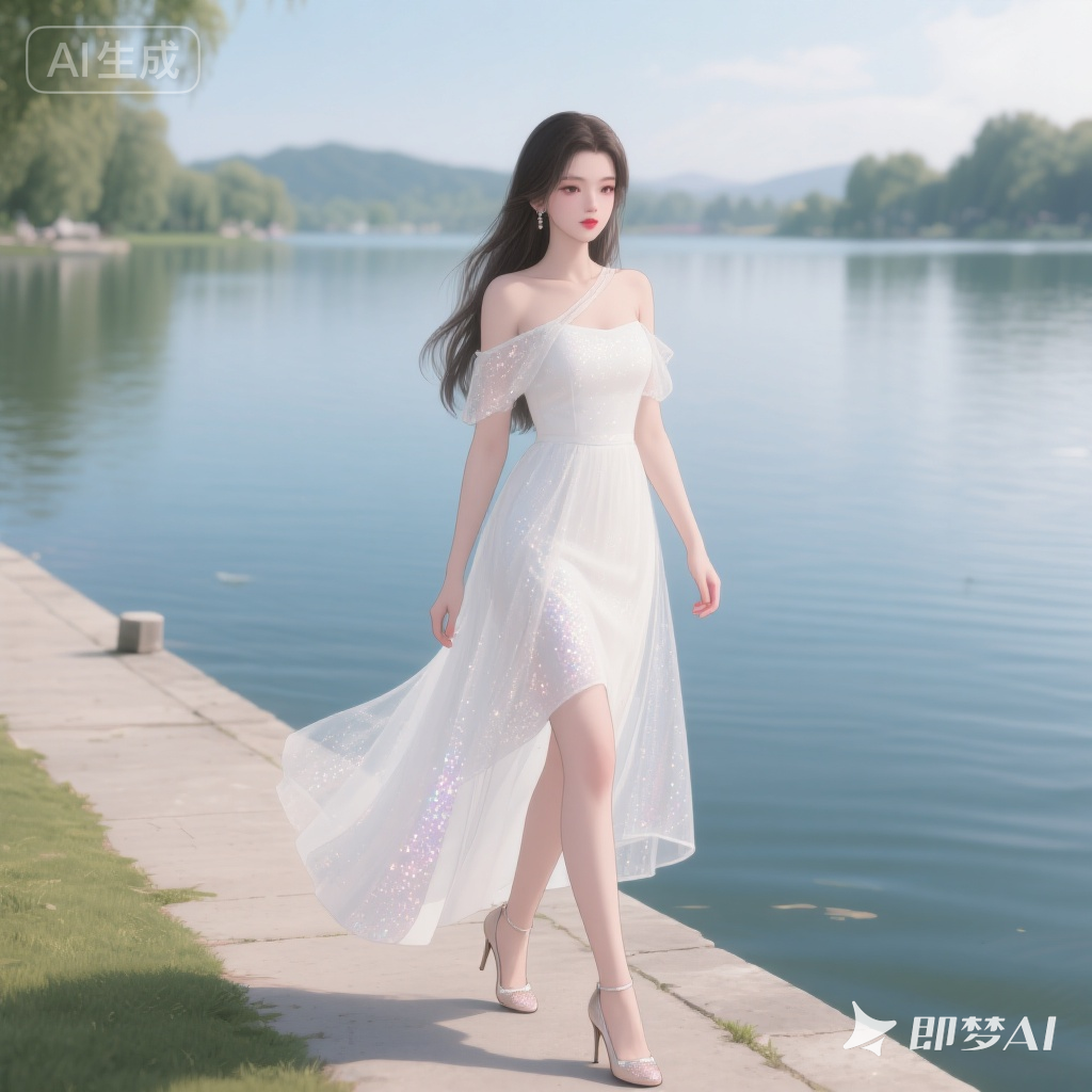 河边的漂亮时尚小姐姐