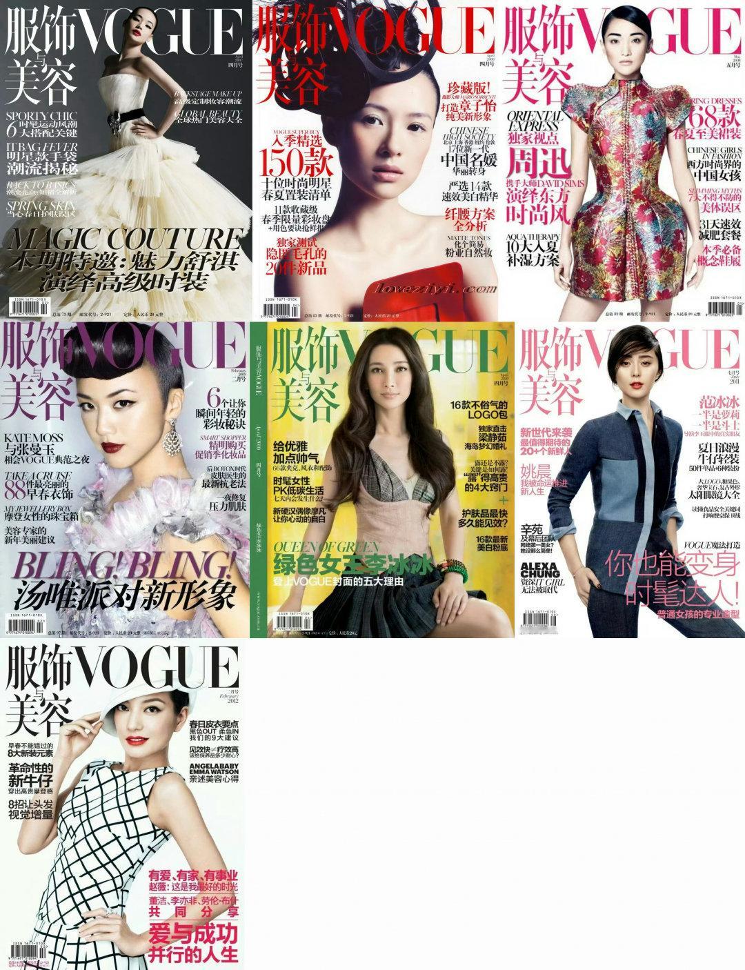 大花首登Vogue China 封面年龄一览：
舒淇  30岁 （2007年四月刊）
章子怡 28岁 （2008年四月刊）
周迅 34岁（2008年五月刊）
汤唯 30岁 （2009年二月刊）
李冰冰 36岁 （2010年四月刊）
🧊🧊29岁（2011年七月刊）
薇薇 36岁（2012年二月刊） ​