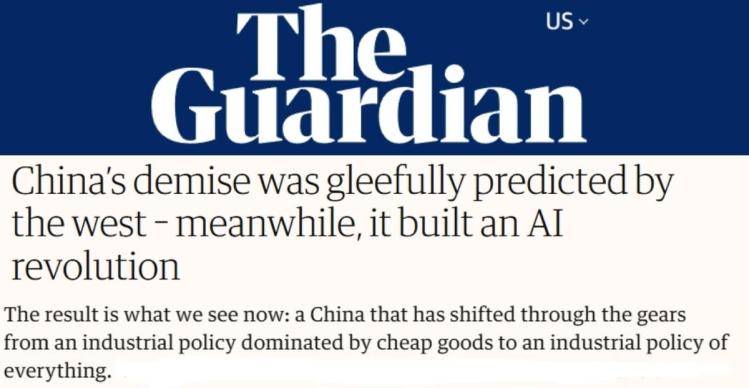 全球媒体聚焦 | “西方曾热衷于唱衰中国 中国却带来AI革命”
中国的人工智能发展迅速，国际社会高度关注。英国《卫报》网站近日刊文称，几乎从中国经济奇迹诞生之初，西方就不断预言中国将走向衰落，但如今却看到了在人工智能领域进行革命的中国，正成为该领域的全球引领者之一。
英国《卫报》网站报道截图
文章认