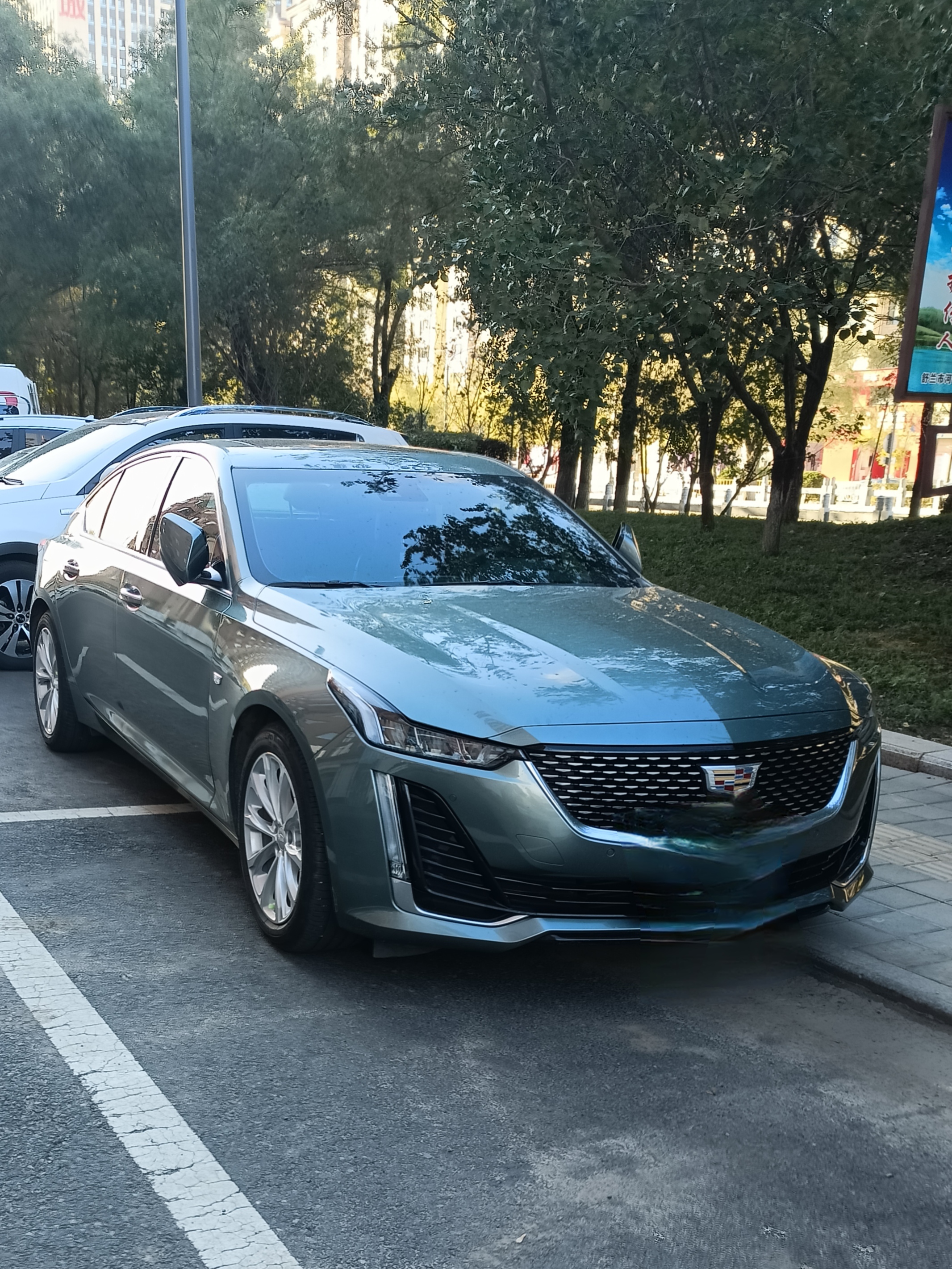 ✅ 凯迪拉克 CT5
 
✨ 核心信息
 
- 定位：后驱中型豪华轿车，对标宝马3系、奥迪A4L
- 动力：全系2.0T涡轮增压发动机（28T）+10AT变速箱，后轮驱动，操控底子优秀
- 外观识别：标志性竖条泪眼日行灯、大尺寸点阵格栅，图上这个配色是极光青
- 特点：底盘扎实，