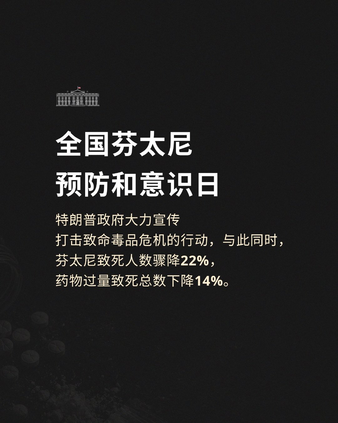 在今年的美国全国芬太尼预防和意识日，我们纪念逝去的生命，也为那些我们仍能保护的人而奋斗。

由于特朗普政府的边境严打措施、打击贩毒集团的行动，以及逮捕已被定罪的芬太尼毒贩，与芬太尼相关的死亡人数继续下降。这项重要的工作将会继续下去。 ​