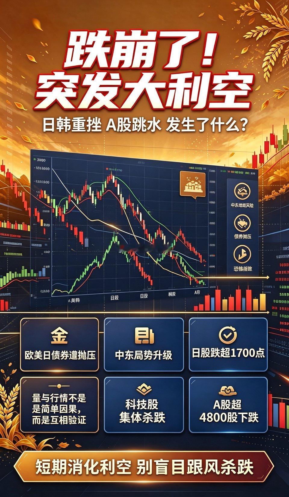 #A股防御板块走强#
跌崩了！突发全球利空共振，日韩重挫、A股跳水背后真相解析
 
今日A股早盘大幅跳水，市场一片回调格局，超4800只个股飘绿，盘面恐慌情绪快速蔓延。本轮全球股市集体走弱并非偶然，而是多重突发利空叠加共振导致的系统性回调。隔夜全球股债双杀、中东地缘冲突升级、日韩股市重挫传导 ​