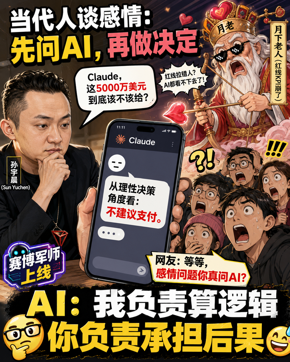 #AI给的感情建议靠谱吗##哪家AI给的情感建议最靠谱#

孙宇晨这次的小作文，我最好奇的反而不是那5000万美元，而是他把Claude拉进了感情纠纷。按照他的说法，当时他曾经问Claude，这5000万美元到底该不该给，最后AI给出的答案倾向于“不能给”。先不讨论这段感情里到底谁对谁错，我突然意识到一个挺有意 ​