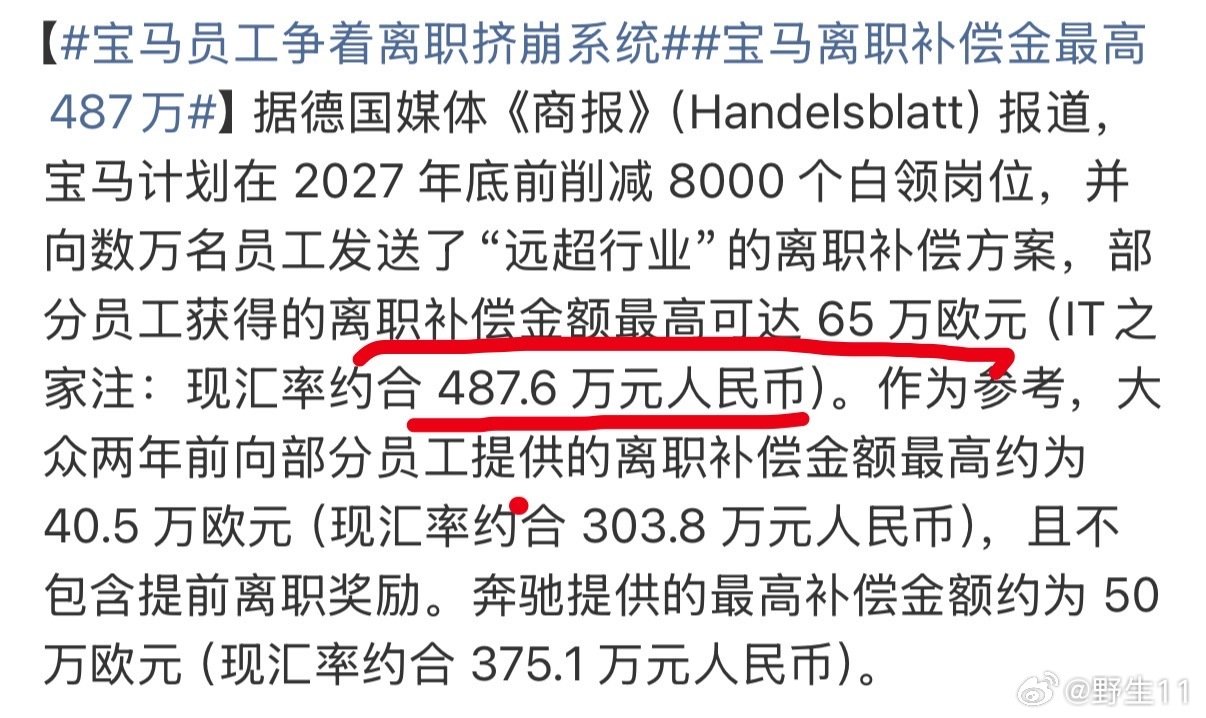 #宝马员工争着离职挤崩系统#

宝马德国本土计划裁员8000个白领岗位
部分员工离职补偿高达487万人民币…
一时间离职补偿系统因访问量过大而崩溃
这补偿方式，换做是你会不会直接拿钱走人？ ​