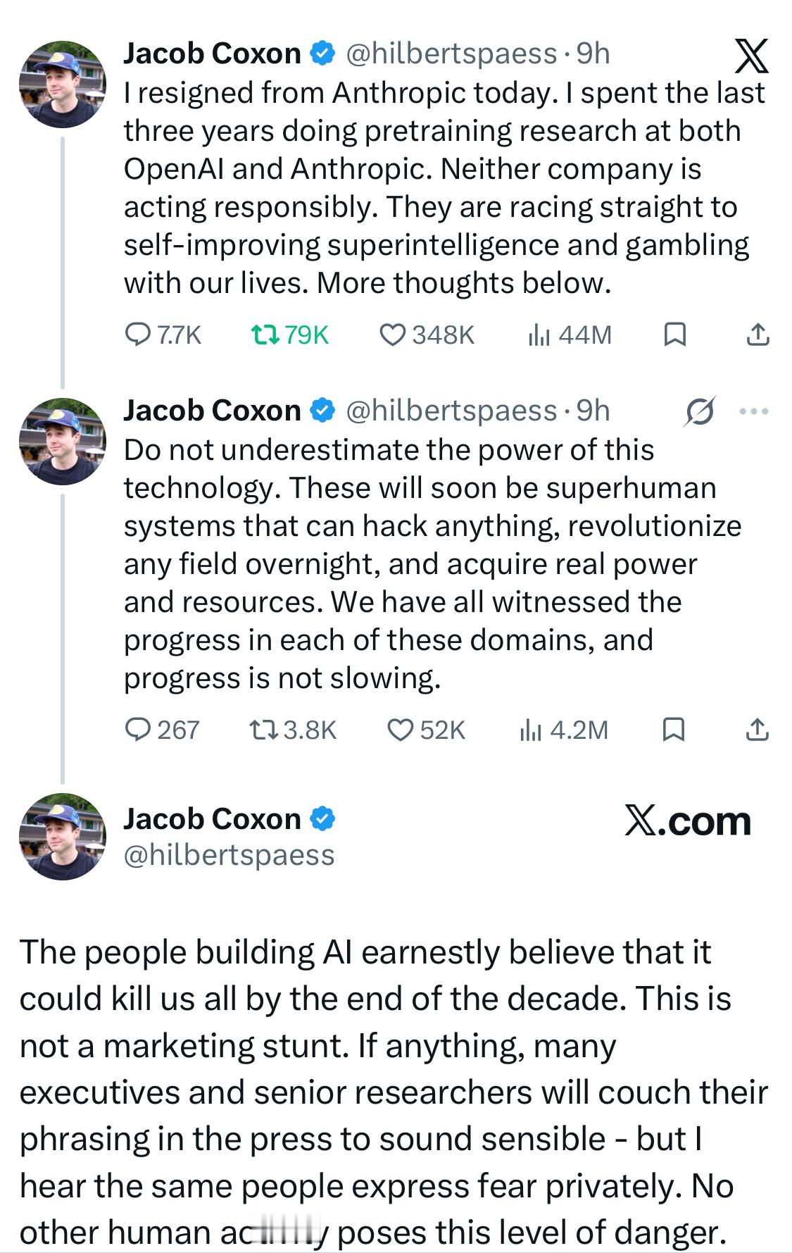 Jacob Coxon 宣布从 Anthropic 辞职。过去三年，他先后在 OpenAI 和 Anthropic 做预训练研究。他没有留到Anthropic之后的IPO，将带来巨大的经济回报，而是选择离开并公开了自己的立场。
 
他的辞职声明，引爆了各方的讨论和重视。全文如下：

我今天从Anthropic辞职了。过去三年，我先后在OpenAI和Anth ​