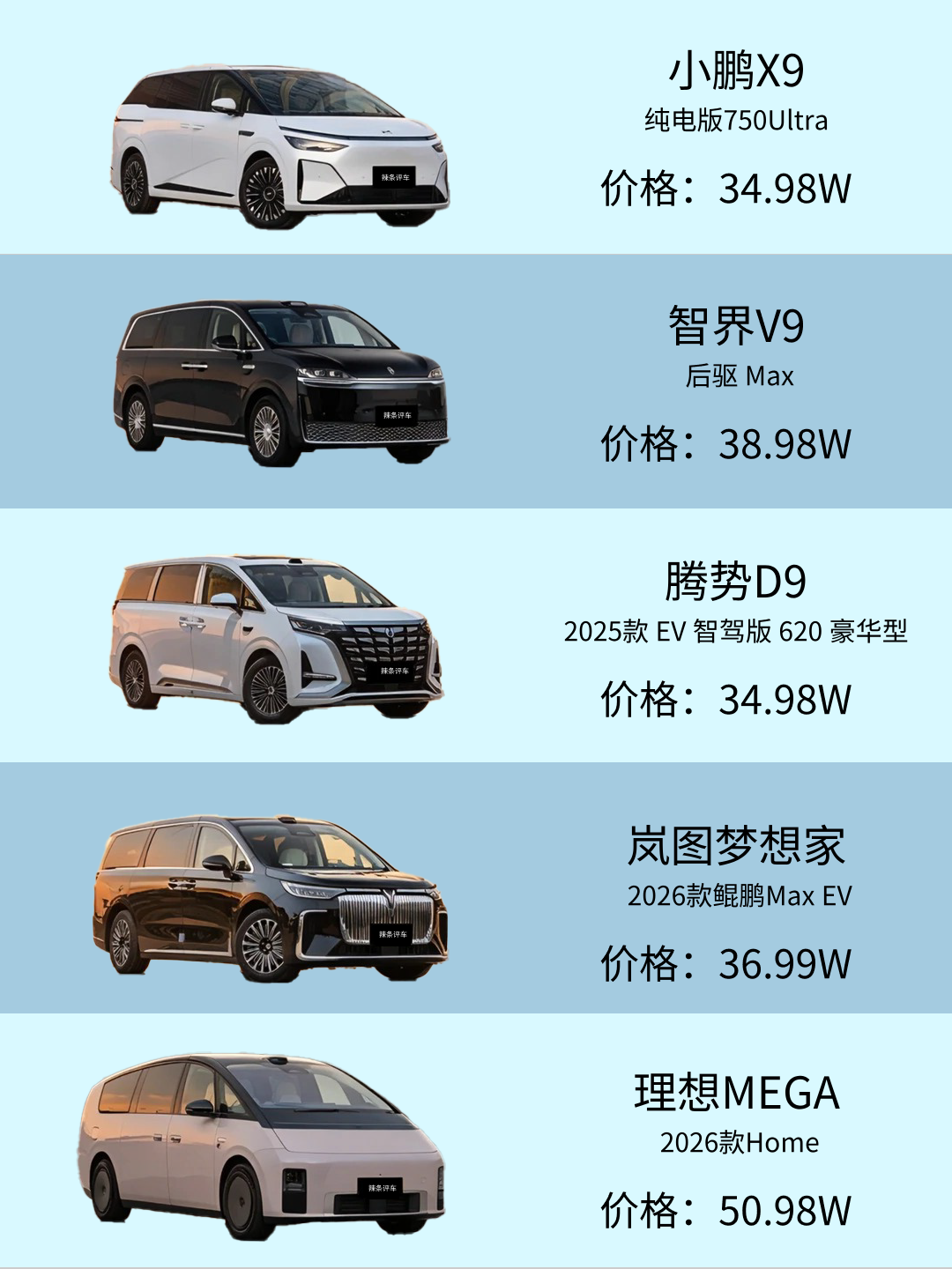 30‑50 万 MPV，兼顾多孩家庭需求
三胎、多孩家庭挑选 MPV，内饰豪华不是全部，带娃出行全场景的便利属性值得多多留意。小鹏 X9 纯电版、智界 V9、腾势 D9 EV、岚图梦想家鲲鹏 Max EV、理想 MEGA Home，都是市场关注度很高的家用 MPV。
围绕家庭出行场景，可以关注儿童安