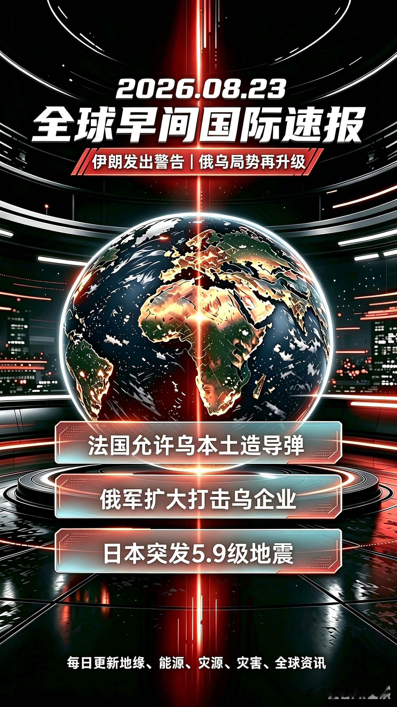 8月23日全球快讯：伊朗放出强硬警告！俄乌战场迎来重大变化，法国松口援助乌克兰导弹生产线，日本突发5.9级地震
 
一、中东核心局势：对抗持续升温，冲突风险上升
 
1. 伊朗发出重磅警告，胁从制裁国家将被视作敌人 
伊朗高层表态，凡是跟随美国一起对伊朗实施经济限制的国家，都将被伊朗视为敌人。伊朗已