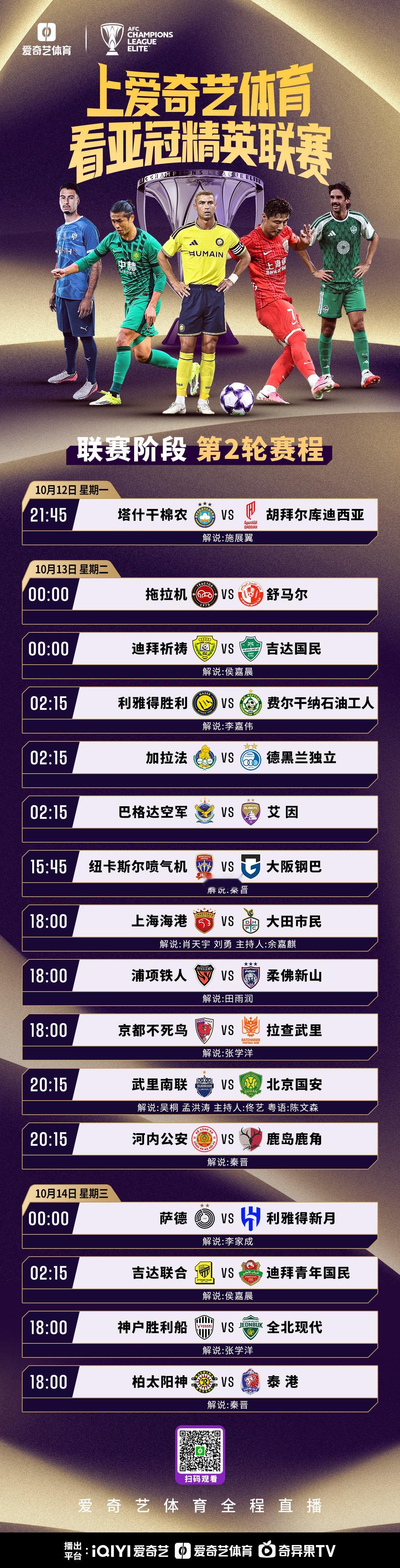 #上爱奇艺体育看亚冠# 

亚冠精英联赛第2轮【#上海海港vs大田市民#】

比赛时间：10月13日（周二） 18:00

本场解说：肖天宇  刘勇

主持人：余嘉麒 

直播地址：

#亚冠联赛# ​​​