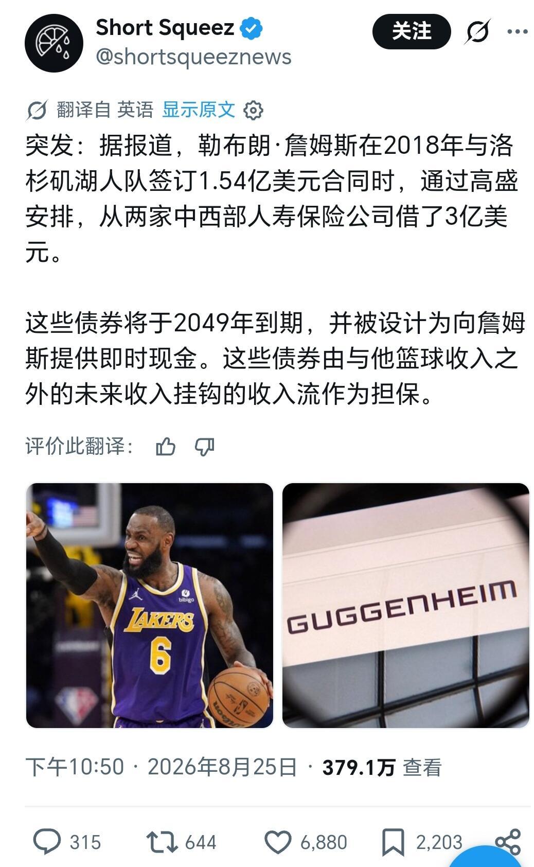 #詹姆斯涉3亿美元贷款#据彭博社爆料，勒布朗·詹姆斯2018年加盟湖人前，通过旗下King James Funding公司，以未来场外商业收入为抵押，发行债券融资近3亿美元。
这笔资金由两家人寿保险公司出资，古根海姆合伙公司参与安排，该机构关联前湖人老板马克·沃尔特。债券利率4.8%，到期日为2049年，抵押资产包 ​