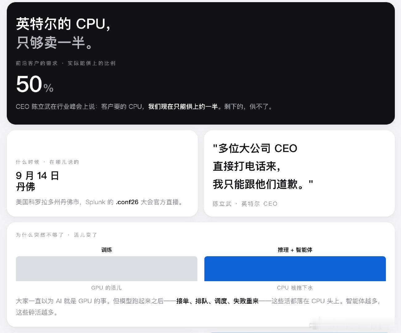 英特尔CPU仅能满足前沿客户约五成需求，
14A节点明年一季度投产。
#美科技股集体猛涨# ​