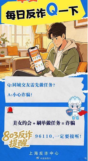 #金小哞反诈# 反诈提醒：美女约会＋刷单做任务＝诈骗via：刑警803上海 ​
