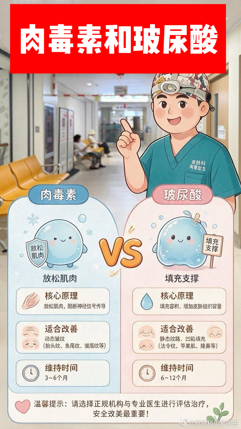 #微博健康护肤月##国民医生说##健闻登顶计划# 
👨‍⚕️三甲医院皮肤科医生：肉毒素和玻尿酸，区别一句话——肉毒管“动”，玻尿酸管“凹”！

1️⃣ 原理不同
💉肉毒素：放松过度收缩的肌肉，淡化动态纹，也能瘦脸、提升下颌缘。
💧玻尿酸：透明质酸填充，补容积、支撑凹陷，改善静态纹和轮廓。 ​