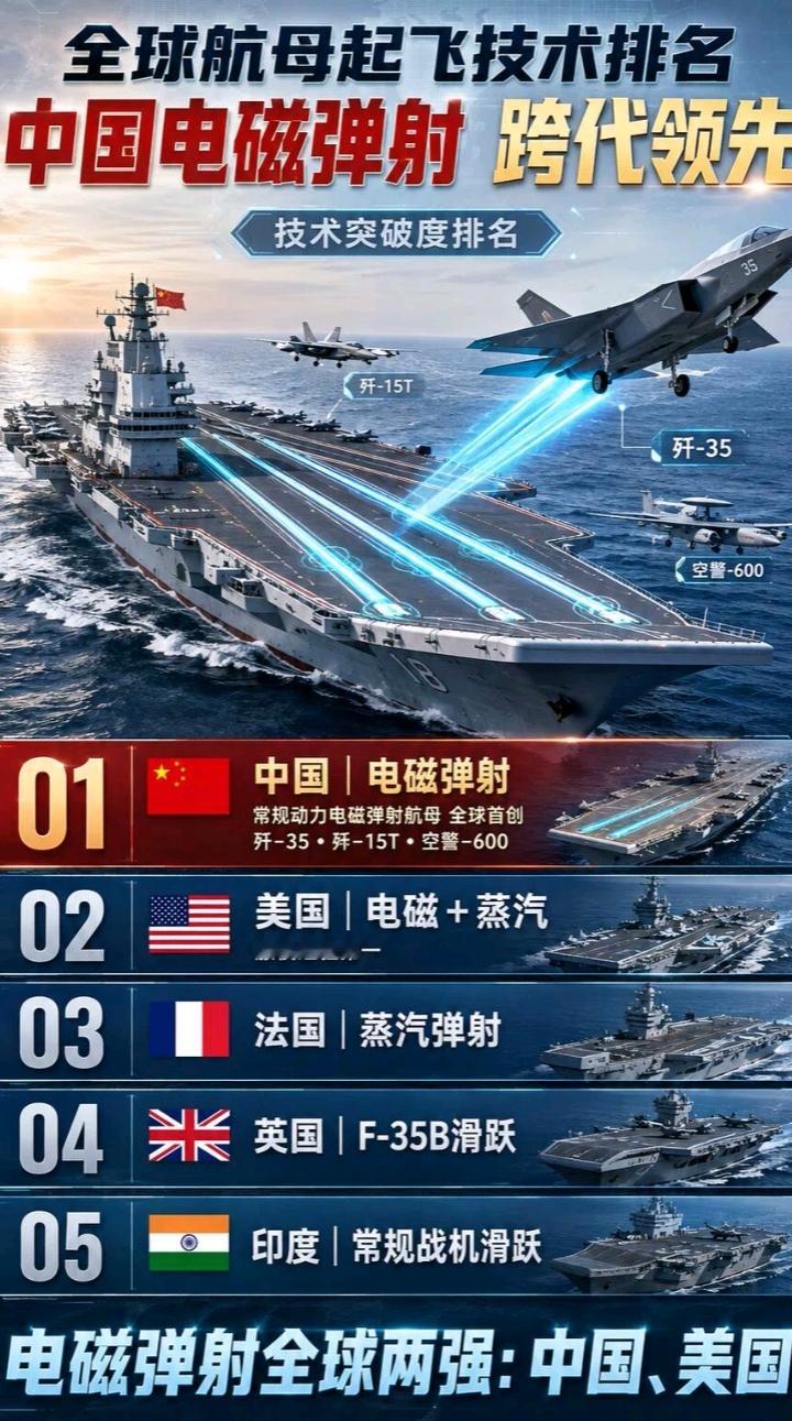 航母不光拼数量，更要看黑科技！咱们常规动力电磁弹射全球首创，直接登顶。美国电磁加蒸汽紧随其后，英法印还在用老式弹射和滑跃起飞。