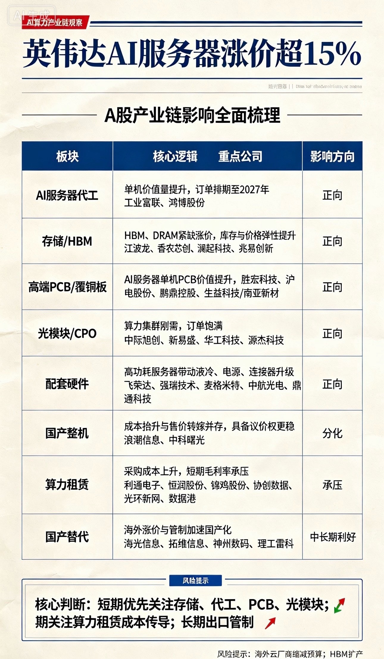 英伟达AI服务器涨价超15% ，A股全影响梳理

1. 工业富联
英伟达Blackwell、Rubin系列AI服务器全球核心代工，服务器涨价直接抬升单机代工价值量，订单排期至2027年，毛利同步改善。

2. 鸿博股份
英伟达金牌合作伙伴，自有算力集群+整机分销双业务，整机涨价带动分销价差扩大，自有算力租金同步上调。

 ​