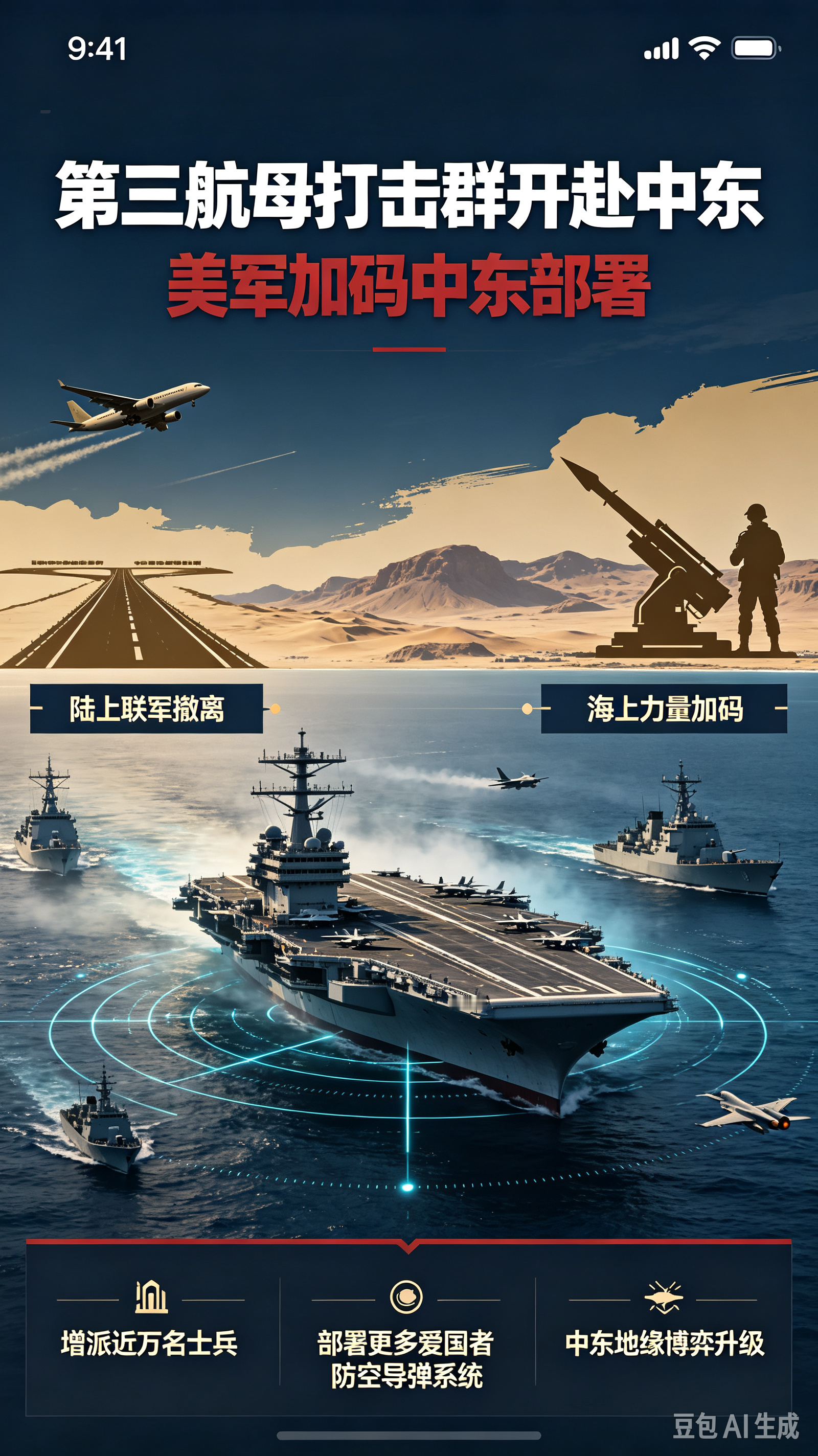 美军加码中东部署，第三航母打击群开赴中东
 
美国官员对外披露，五角大楼正向中东派遣第三个航空母舰打击群，同步增派近万名士兵，配套部署更多爱国者防空导弹系统。此前美军主导多国联军已经撤出伊拉克陆地，但海上军事力量持续加码，中东地缘博弈进一步升级。
中东动向 美国中东部署