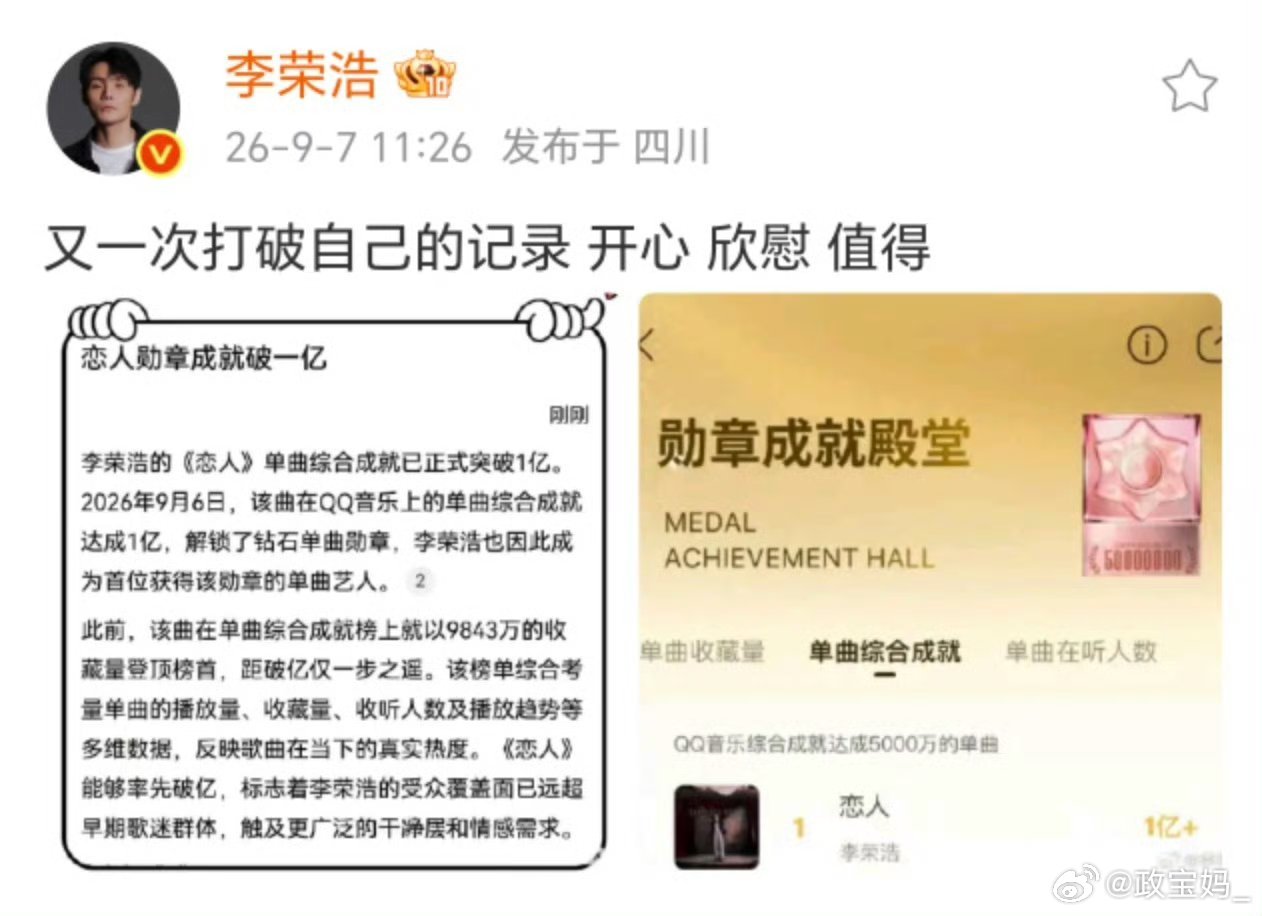 #李荣浩再次打破自己纪录#
恭喜恭喜！一直觉得李荣浩是一个特别有梗又有才华的人[点赞]这可能是天生的明星圣体吧 ​