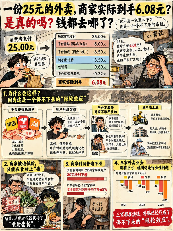 一份25元的外卖商家实际到手收入6.08元！