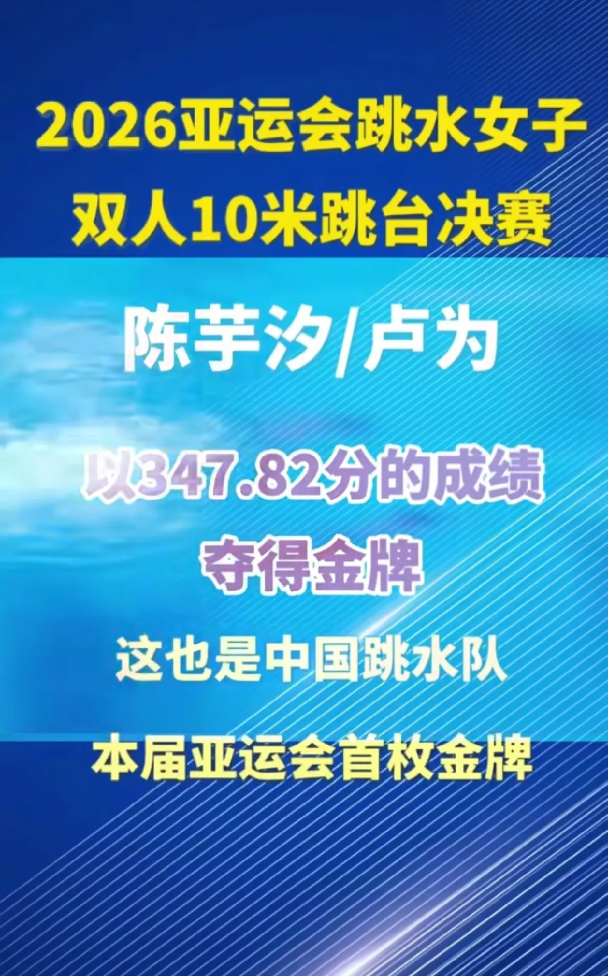 强势碾压七连冠！陈芋汐/卢为摘亚运跳水首金，新组合完美绽放
 
北京时间2026年9月26日，爱知-名古屋亚运会跳水女子双人10米跳台决赛圆满落幕。全新搭档的中国组合陈芋汐/卢为发挥稳定、实力碾压，全程五轮动作均斩获全场最高分，最终以347.82分的总成绩强势夺冠，领先第二名朝鲜组合30.18分。这