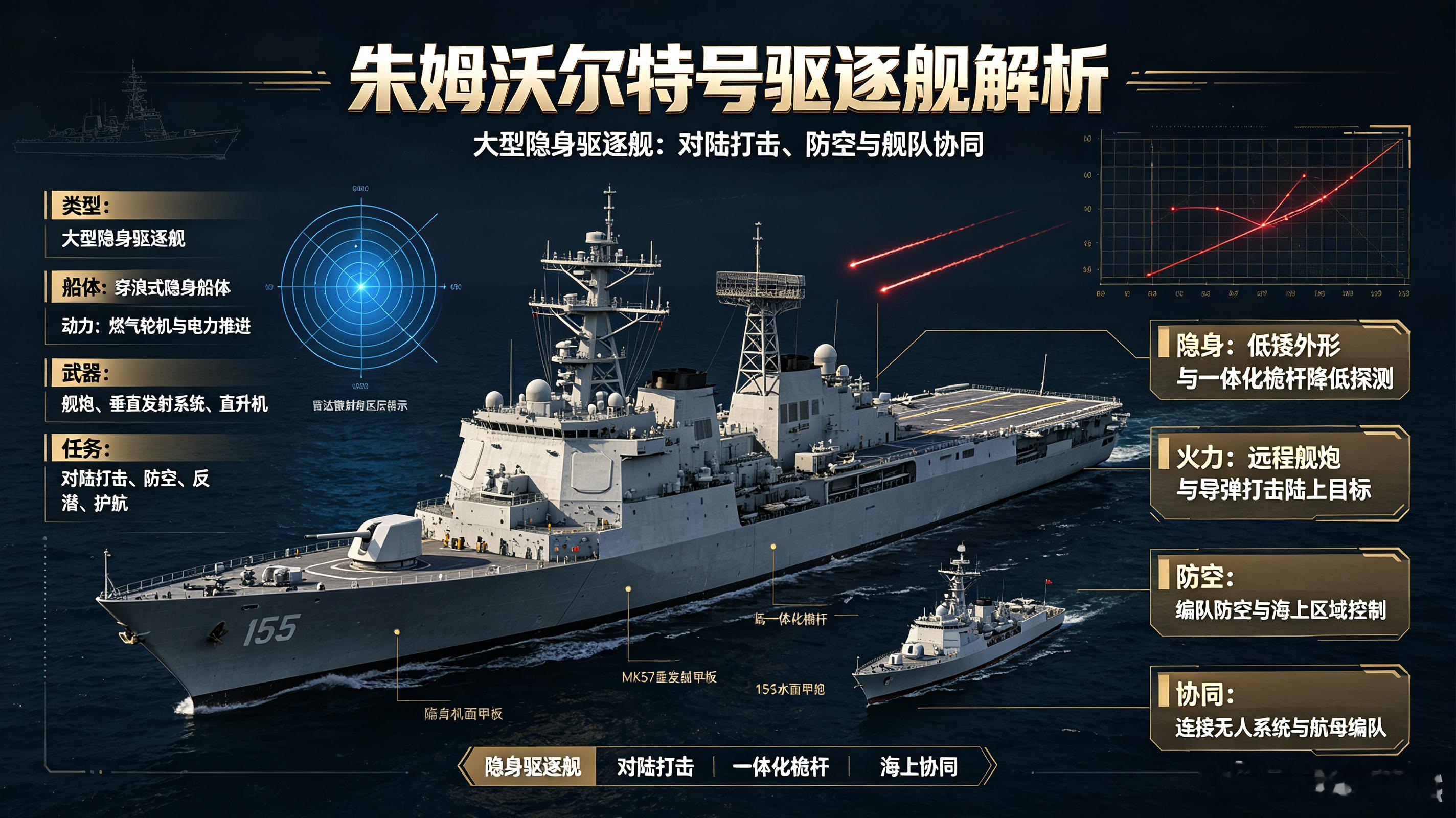 每天认识一件兵器——朱姆沃尔特号驱逐舰

今天聊聊美国海军最具争议的“科幻战舰”——朱姆沃尔特号（USS Zumwalt, DDG-1000）。它以颠覆性的隐身外形和全电推进系统惊艳世界，却因战略误判和高昂成本，从计划建造32艘的“未来舰队核心”，沦为仅建成3艘的“技术验证品”，最终被迫拆除主炮，转型为高 ​
