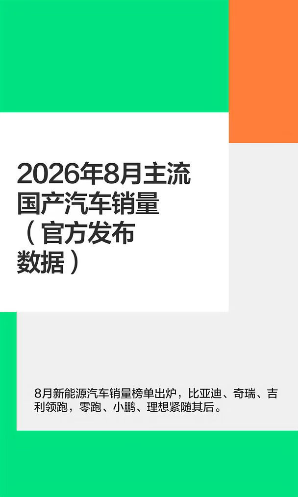 2026年8月主流国产汽车销量（官方发布数据