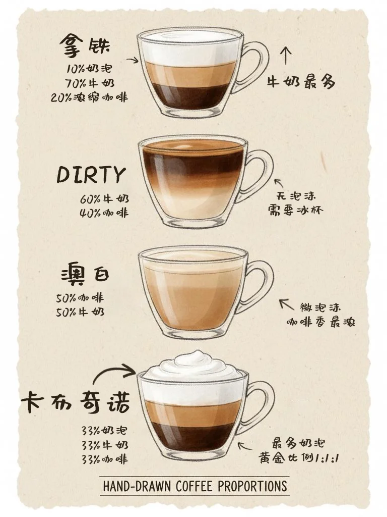 1张图看懂这4杯咖啡☕小白进阶教程来了