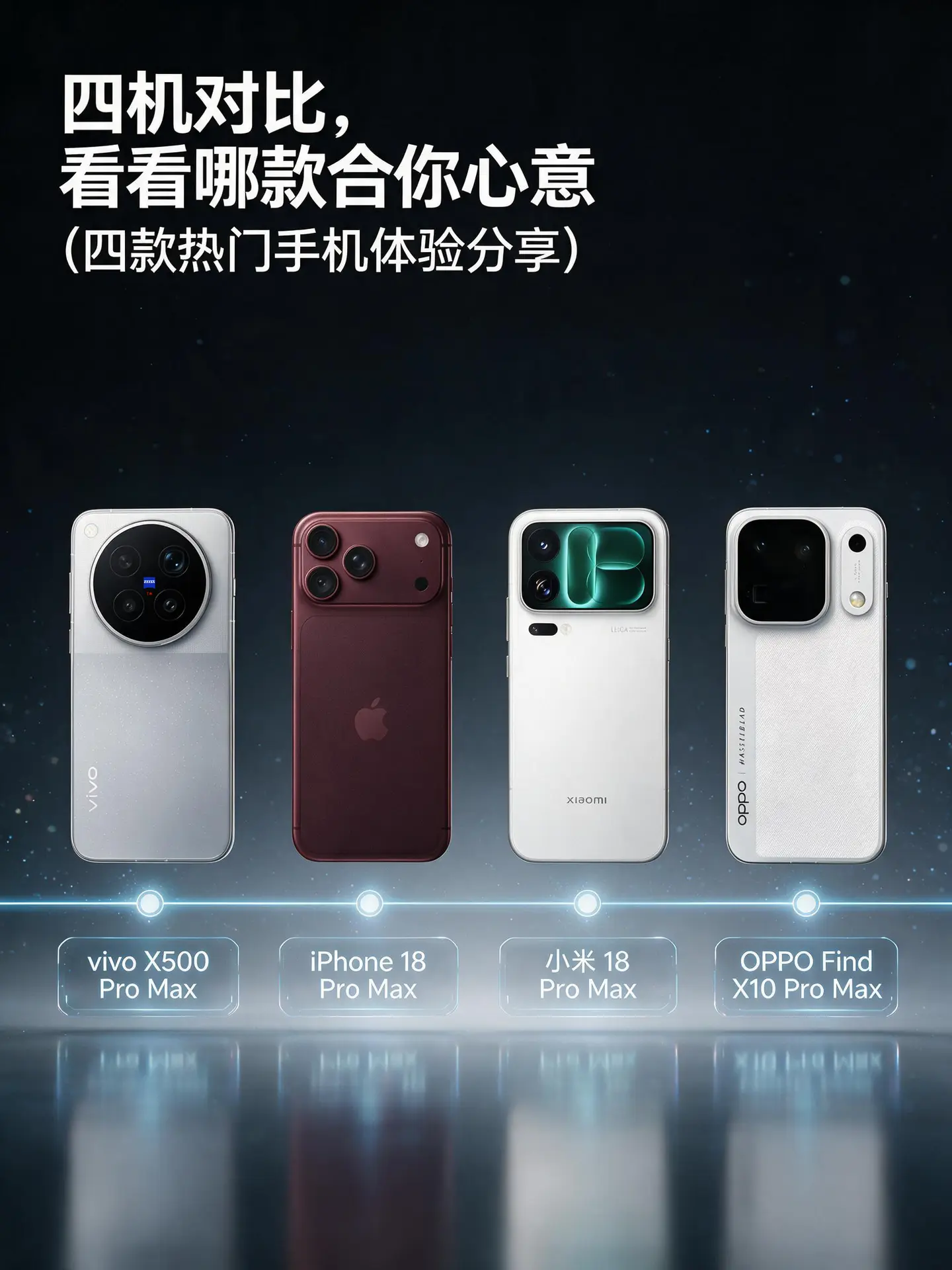 四台 Pro Max 怎么选？先看这张对比清单。国庆换机，四台顶配摆一起：iPhone 18 Pro Max、小米18 Pro Max、OPPO Find X10 Pro Max、vivo X500 Pro Max。 vivo X500 Pro Max：天玑9600 Pro，蓝图光御900主摄，17