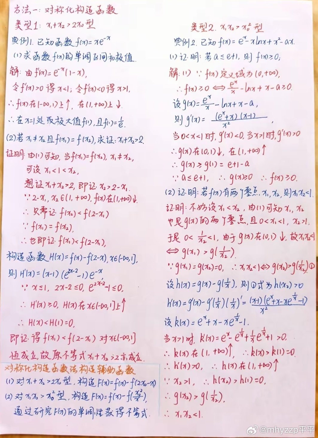 高三导数压轴的拦路虎——极值点偏移很多同学看见双变量证明题直接放弃。把三类题型、3种核心解法全部整理好了：对称化构造函数、比值差值代换、对数均值不等式。概念+推导+完整例题，还有高考真题专练。搞懂这套，导数大题的这一问就有思路了。  ​