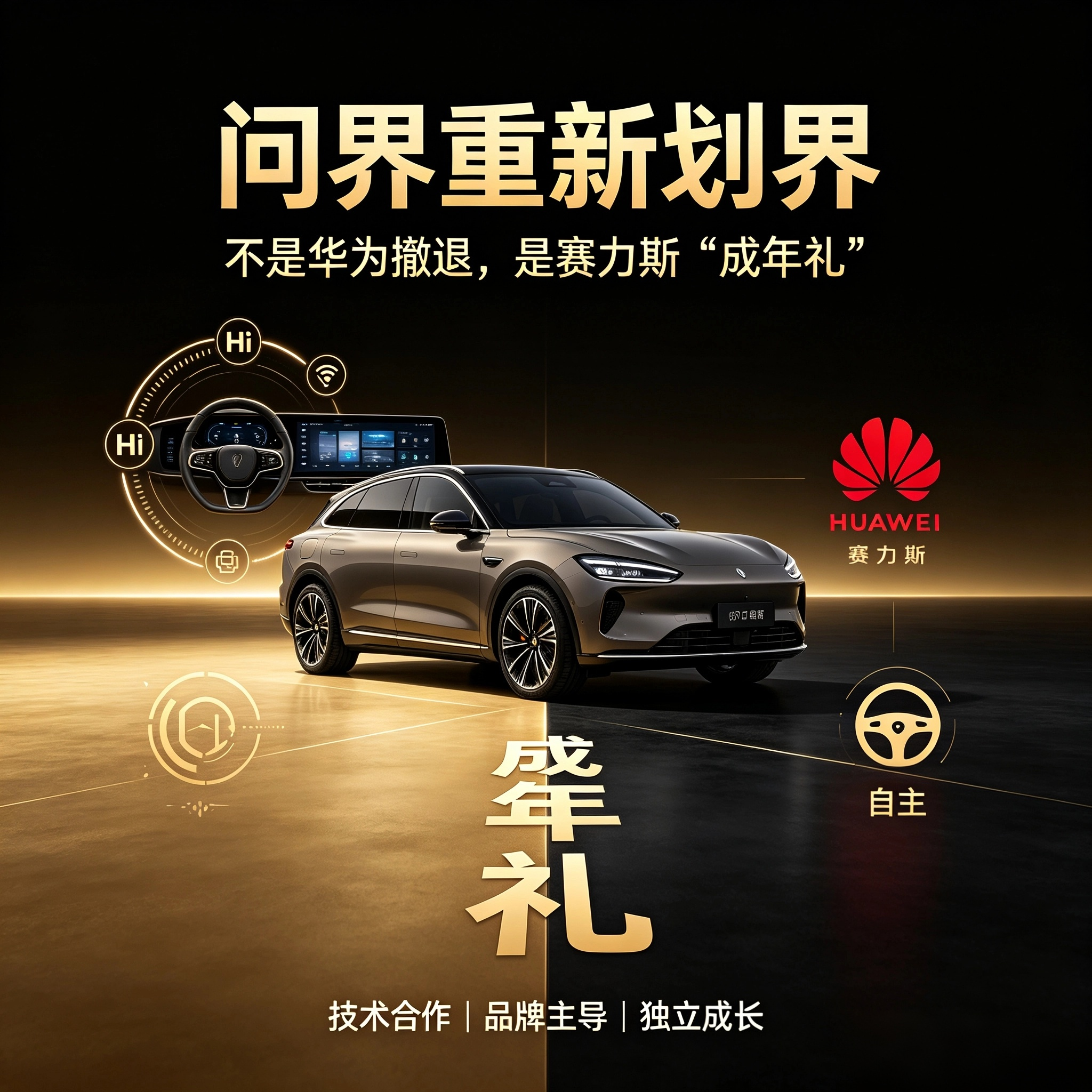 问界重新划界：不是华为撤退，是赛力斯“成年礼”

别再写“华为抛弃问界”了。9月15日那纸公告真正的信号是：问界在鸿蒙智行里，第一次把自己和“其他四界”划出了边界。

过去五年，问界是华为智选车最成功的样本——华为管产品定义、管鸿蒙座舱、管乾崑智驾、管门店话术，赛力斯管工厂、供应链和交付。M5把问界