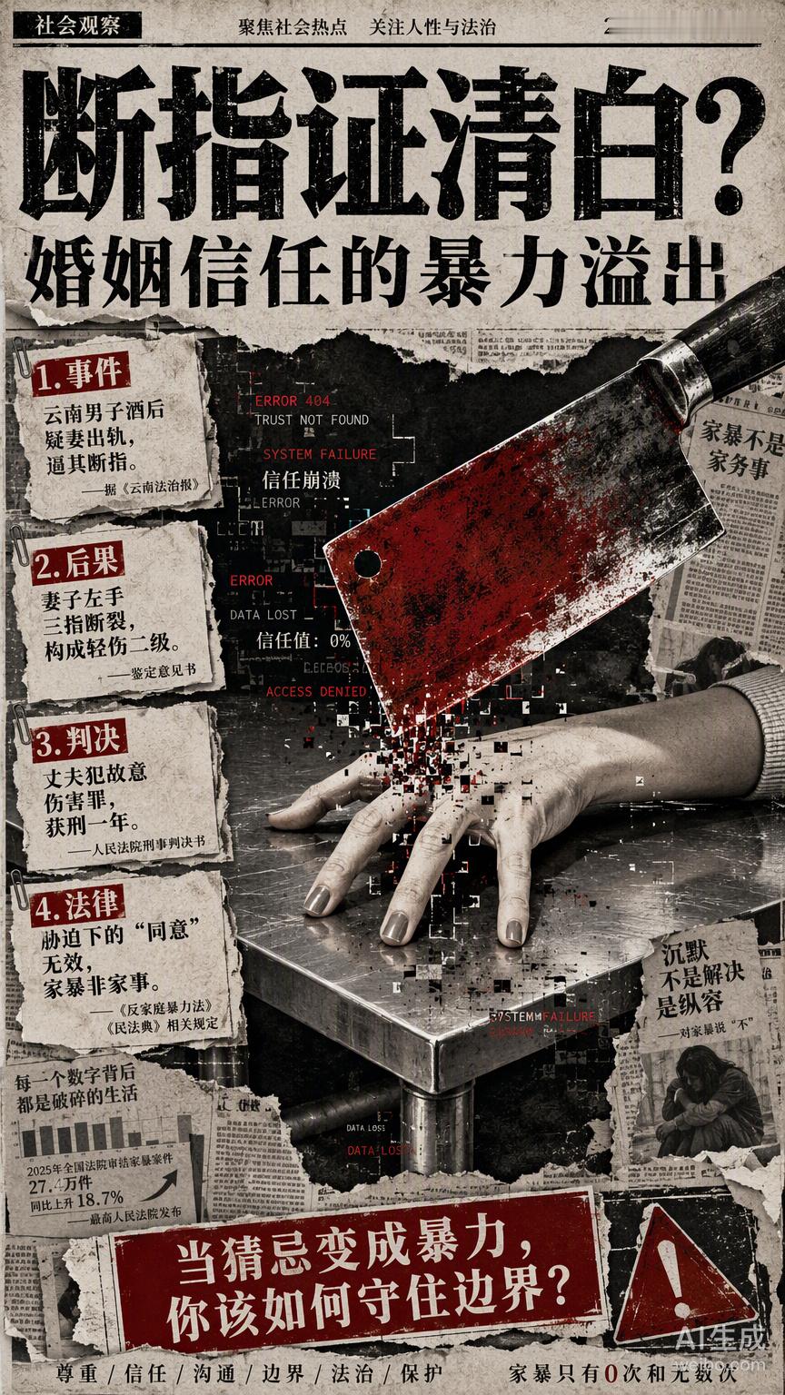 #丈夫疑妻子出轨断其3根手指证清白#婚姻中信任是基础，一旦出现裂痕，理性的操作是沟通调节。但云南这起案件中，丈夫的做法却是在怀疑妻子出轨后，直接用暴力持刀砍断妻子三根手指以“证清白”。

家暴从来不仅仅是家务事。当一方选择用暴力来填补猜忌的漏洞时，这段关系的底层架构就已经崩塌了。别信 ​