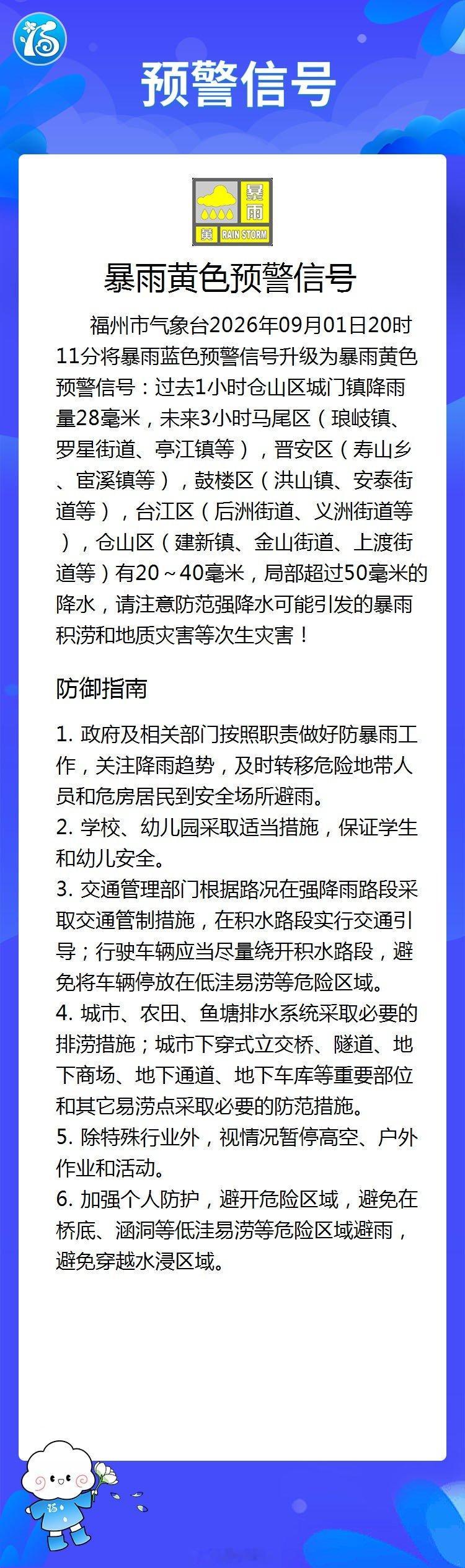 【福州市暴雨黄色预警信号】福州市气象台2026年09月01日20时11分将暴雨蓝色预警信号升级为暴雨黄色预警信号：过去1小时仓山区城门镇降雨量28毫米，未来3小时马尾区（琅岐镇、罗星街道、亭江镇等），晋安区（寿山乡、宦溪镇等），鼓楼区（洪山镇、安泰街道等），台江... ​