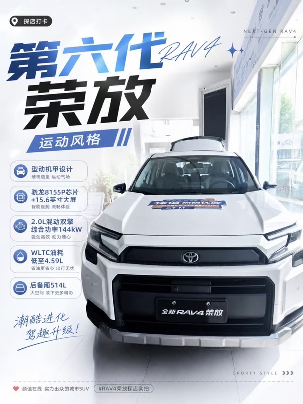 颜值控必看👀第六代荣放运动风格实拍
今天来展厅看第六代荣放运动风格🚗。型动机甲设计语言，撞色车身搭配锐利线条与运动轮毂，妥妥的好看实用主义，注重颜值的年轻家庭闭眼入。
车内骁龙8155P芯片配合15.6英寸中控屏、8.8英寸仪表和HUD三屏联动，科技感拉满✨。后备厢常规容积514L且支持纯平放倒，装载力满分，全家出行装备轻松装下。
新增2.0L纸能电混双擎，系统综合功率144kW，WLTC油耗低至4.59L。日常通勤，好开又省心。TNGA-K平台搭配前麦弗逊与后双叉臂独立悬架，底盘质感扎实。
焕新价15.18万-21.08万元（以店内实际报价为准）。周末带家人来看实车吧，你觉得哪个配色Z戳你？
#荣放 #一汽丰田#SUV推荐 #高颜值SUV #一汽丰田混动智电时代更优解 #品质定义智电时代 #一汽丰田不做快消品#RAV4荣放