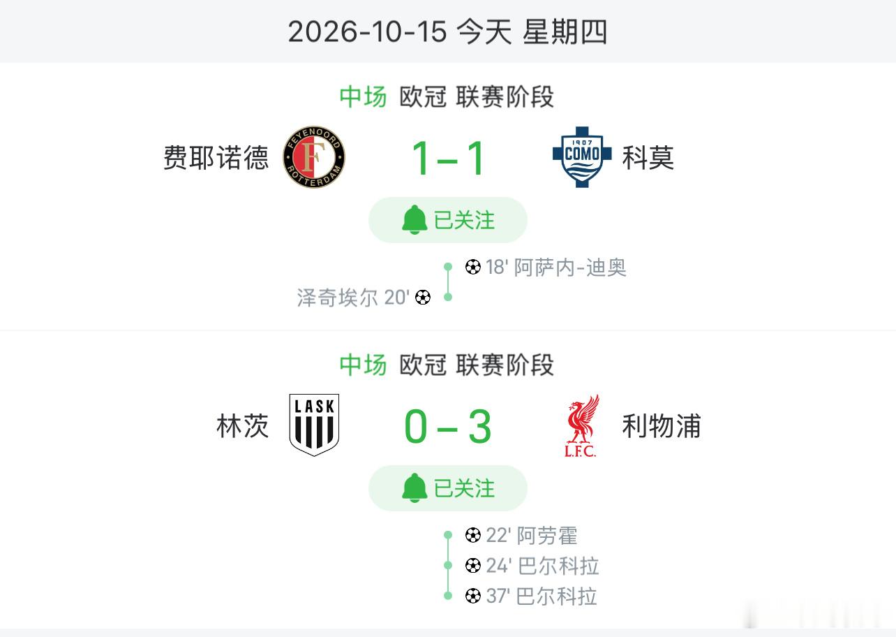 欧冠今晚上半部分半场战罢利物浦3-0领先，残阵的英超豪门也不是二流联赛球队能撼动的，阿劳霍头球拱门首当其冲，巴尔科拉随后攻入两球以及一粒越位进球。期待利物浦下半时继续进球费耶诺德1-1暂平科莫，只能说意甲现在的水平是真不行。欧冠拜仁巴塞罗那国际米兰莱比锡曼联足球预测每日足球推荐